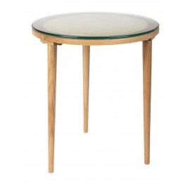 Konferenční kulatý stolek HARU WLL ⌀70 cm, dub+ratan+sklo, béžový