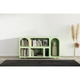 Dřevěná komoda - knihovna s oblouky VISBY OLIMPIA LONG, šíře 140 cm, pudrově zelená