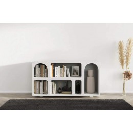 Dřevěná komoda - knihovna s oblouky VISBY OLIMPIA LONG, šíře 140 cm, šedá